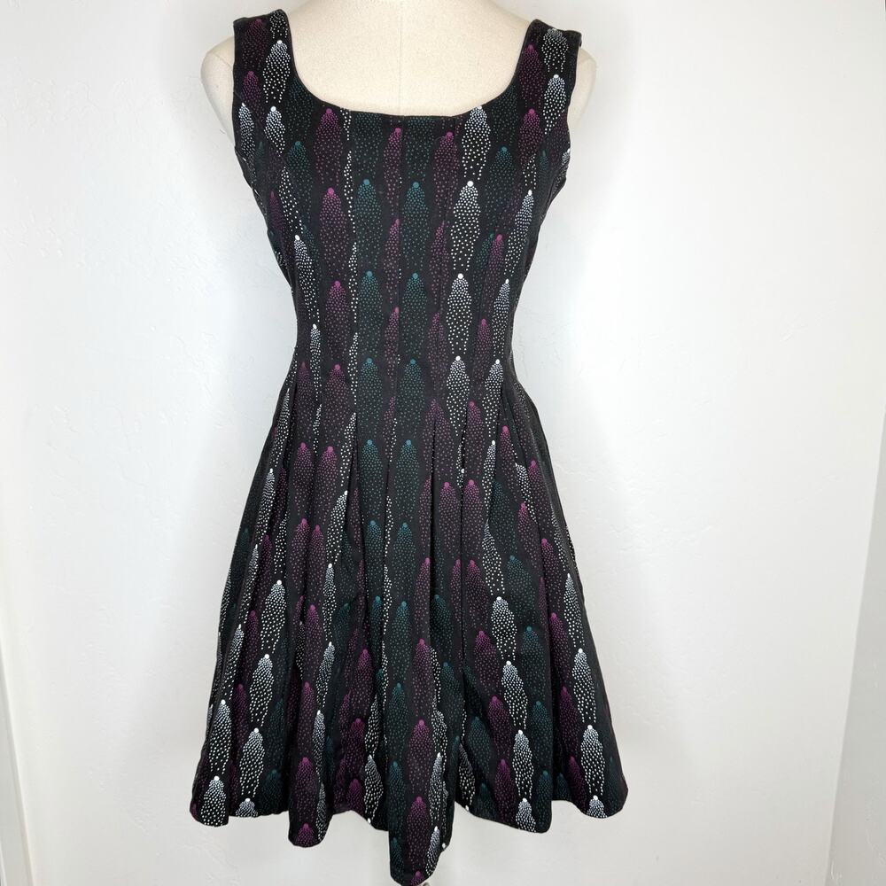 Nooworks Sweet Pleat Dress Womens Small Flare Comet Print Black Sleeveless